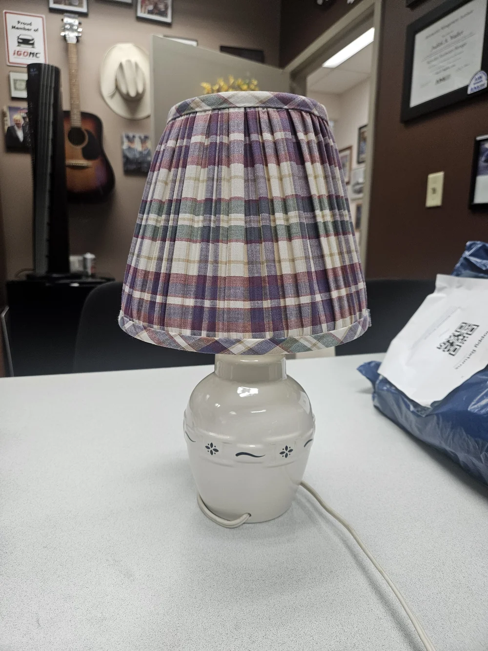 Ceramic Table Lamp with Multicolor Pleated Shade - LONGABERGER